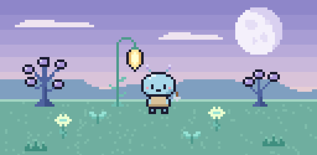 Sam, a small round blue gardener, stands in a pixel-art garden at dusk, beside a tall flower with a glowing lamp.
